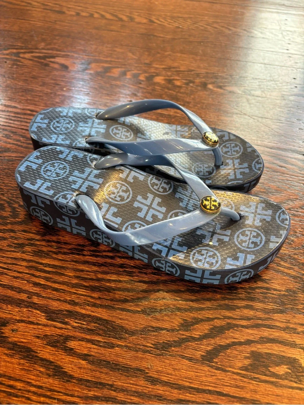 Tory Burch Light Blue Logo Jelly Flip Flops with Gold Emblem